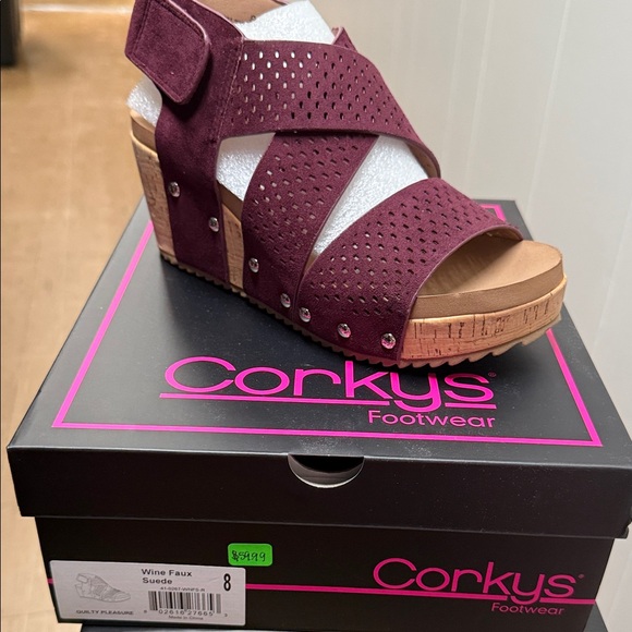 Corkys Burgundy Faux Suede Wedge Sandals - Picture 1 of 1
